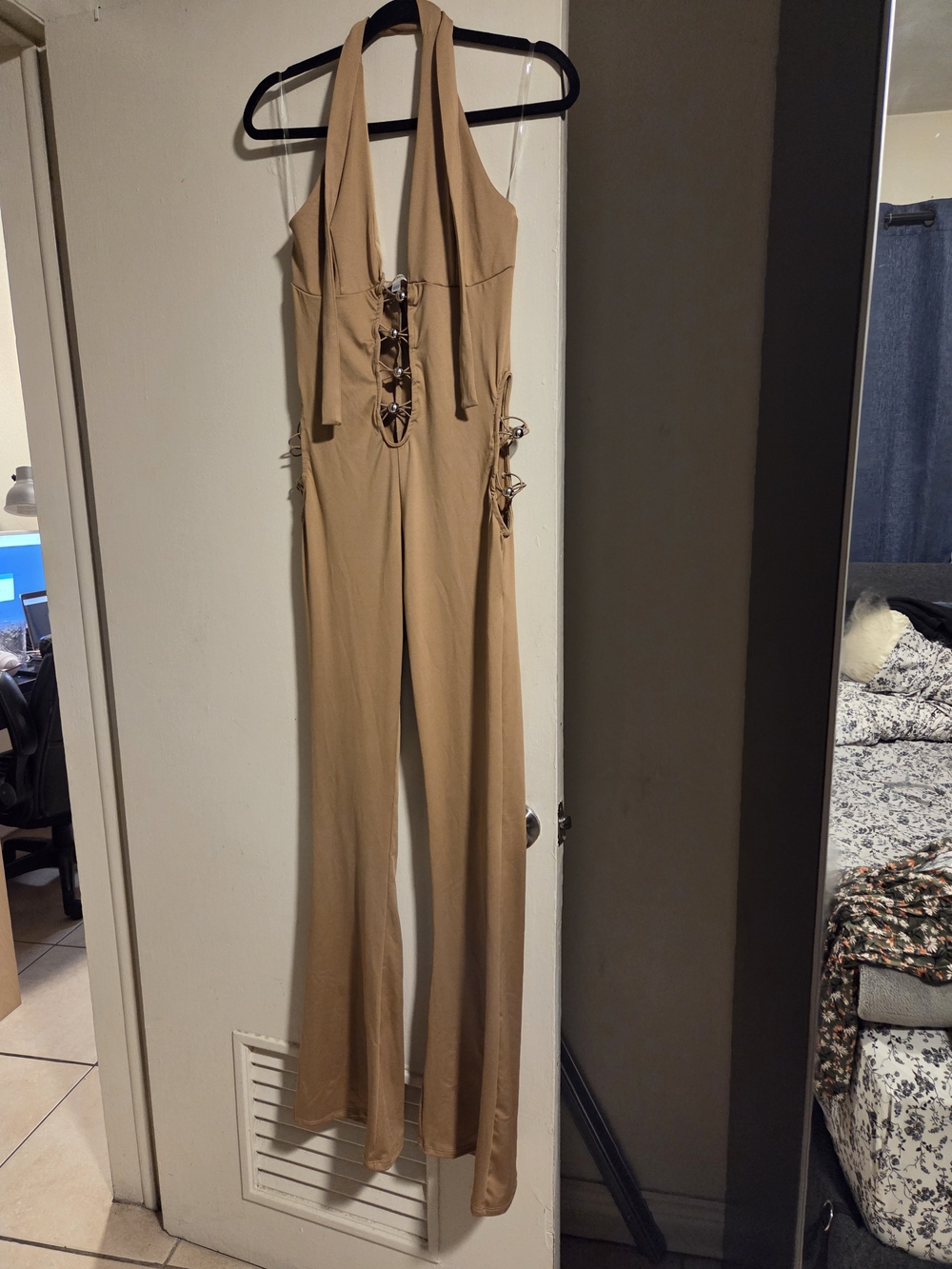 Halter Lace-Up Wide Leg Jumpsuit - Camel